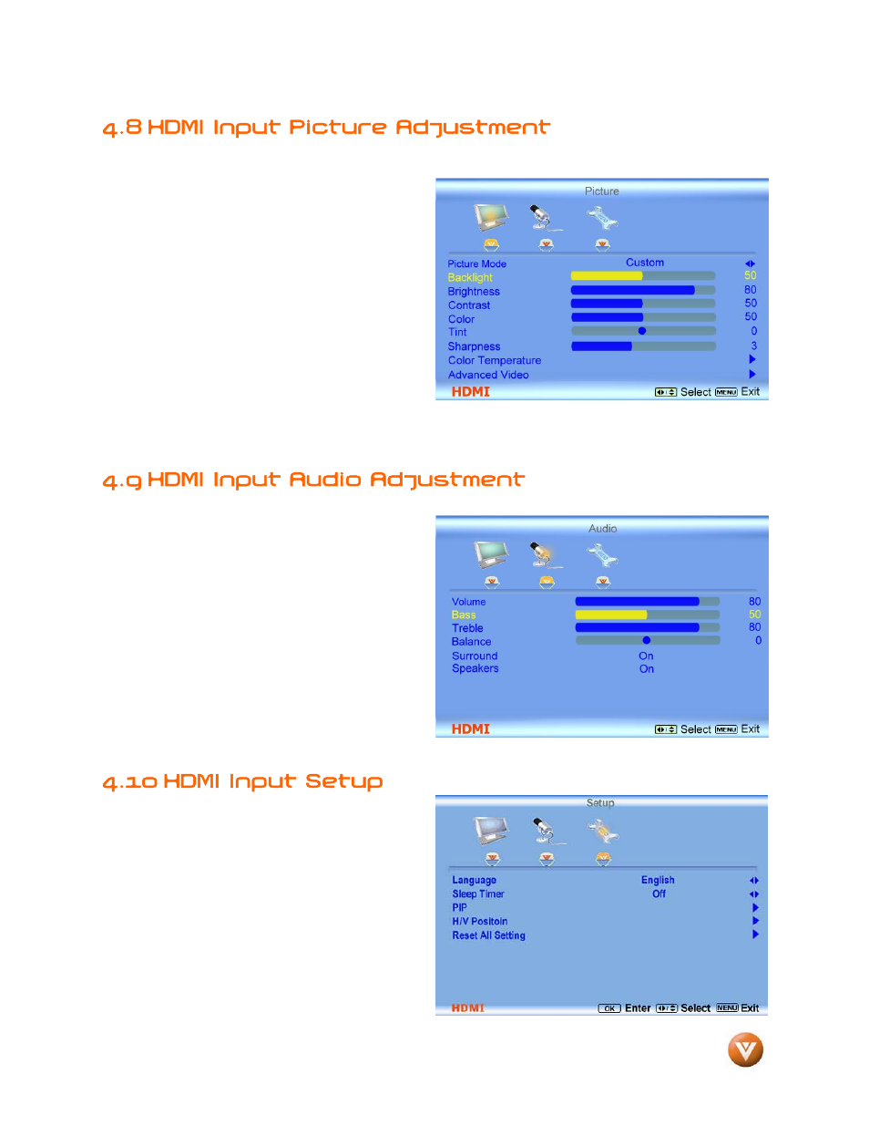 8 hdmi input picture adjustment, 9 hdmi input audio adjustment, Hdmi input setup | 10 hdmi input setup | Vizio GV47L FHDTV20A User Manual | Page 52 / 78