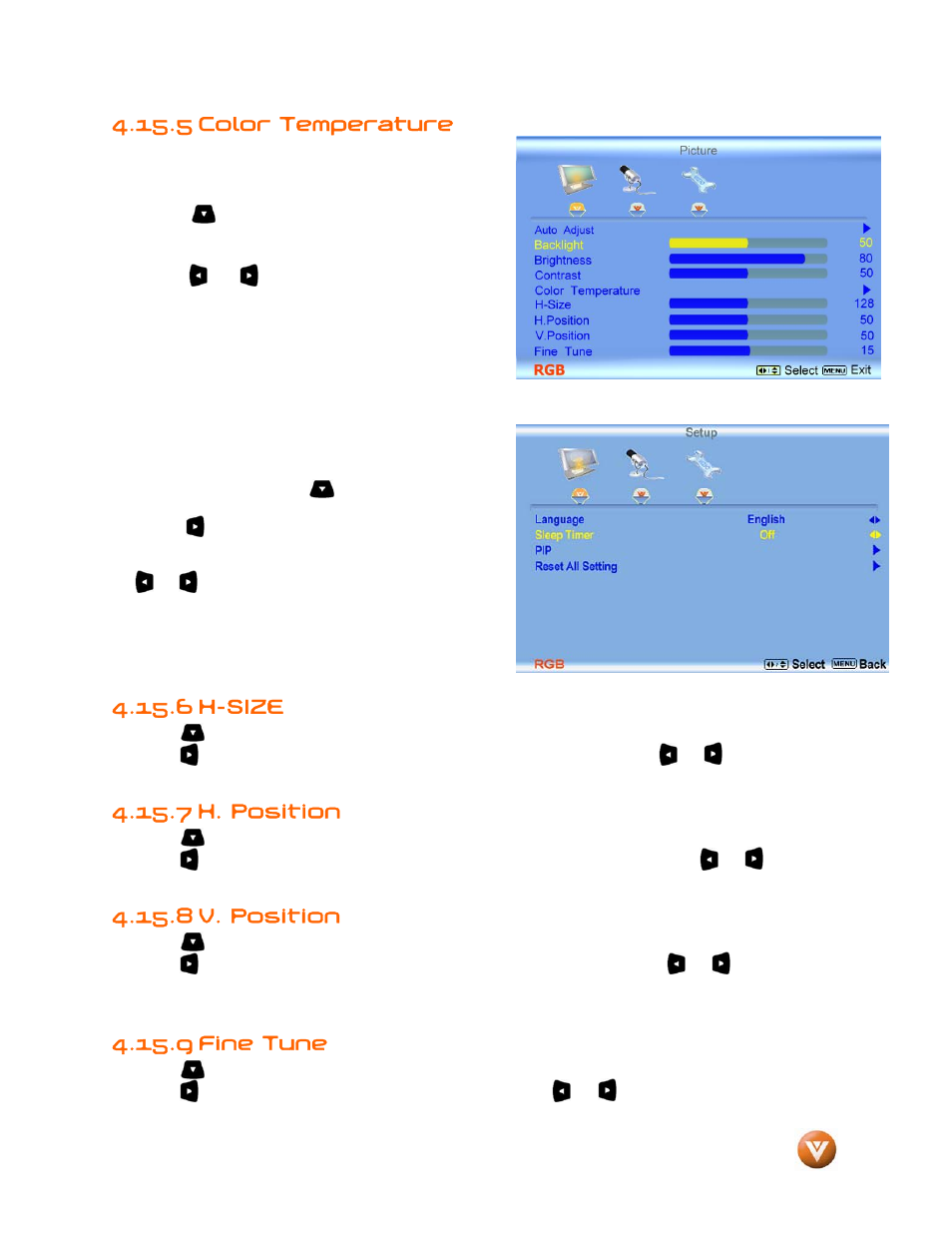 Color temperature, 6 h-size, 7 h. position | 8 v. position, 9 fine tune, 5 color temperature | Vizio GV47L FHDTV20A User Manual | Page 56 / 78