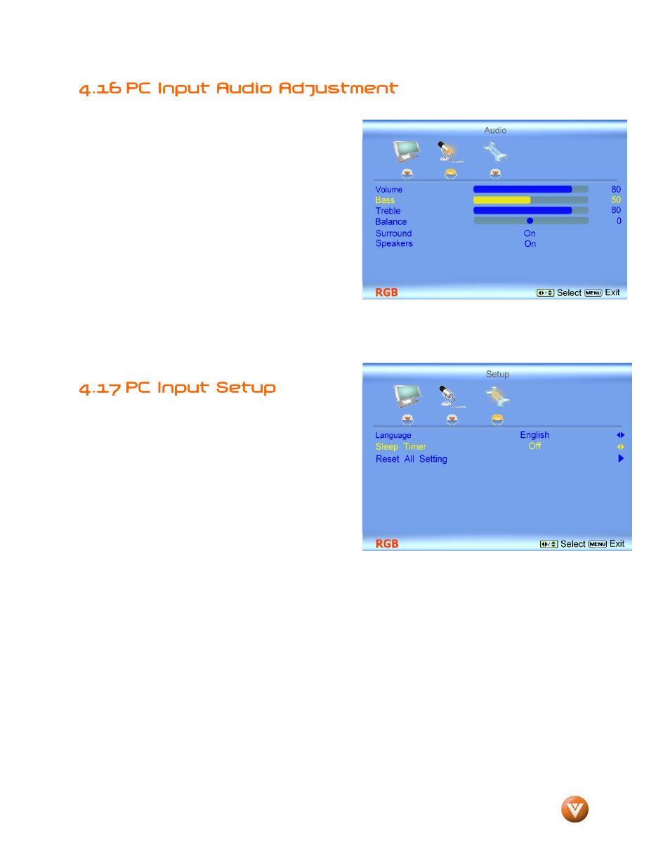 16 pc input audio adjustment, 17 pc input setup | Vizio GV47L FHDTV20A User Manual | Page 57 / 78