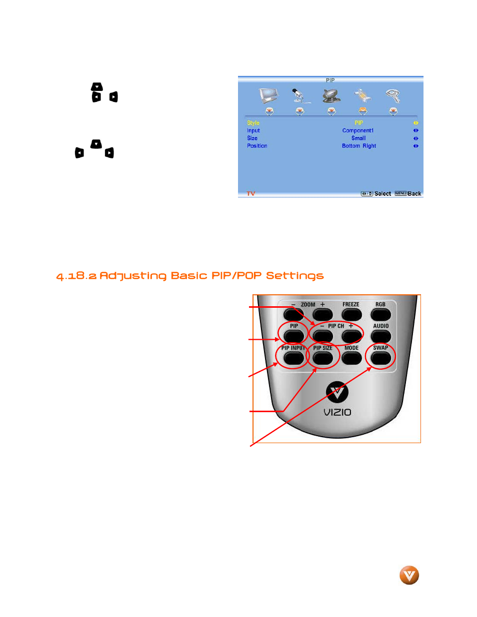 Size, Position, 2 adjusting basic pip/pop settings | Vizio GV47L FHDTV20A User Manual | Page 60 / 78