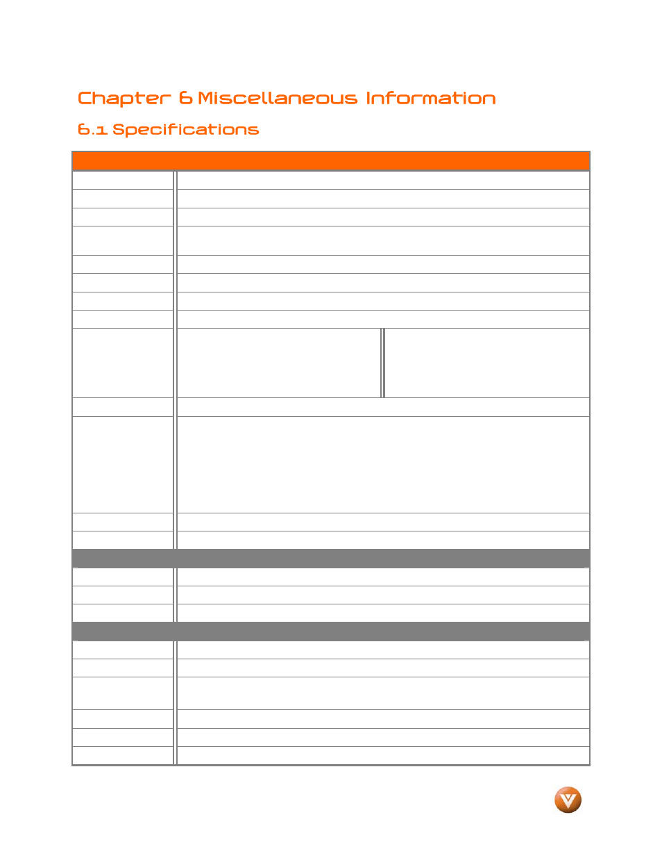 Chapter 6 miscellaneous information, 1 specifications | Vizio GV47L FHDTV20A User Manual | Page 67 / 78