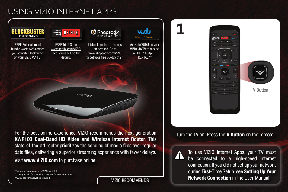 Using vizio internet apps, Turn the tv on. press the v button on the remote | Vizio M470SV User Manual | Page 12 / 16