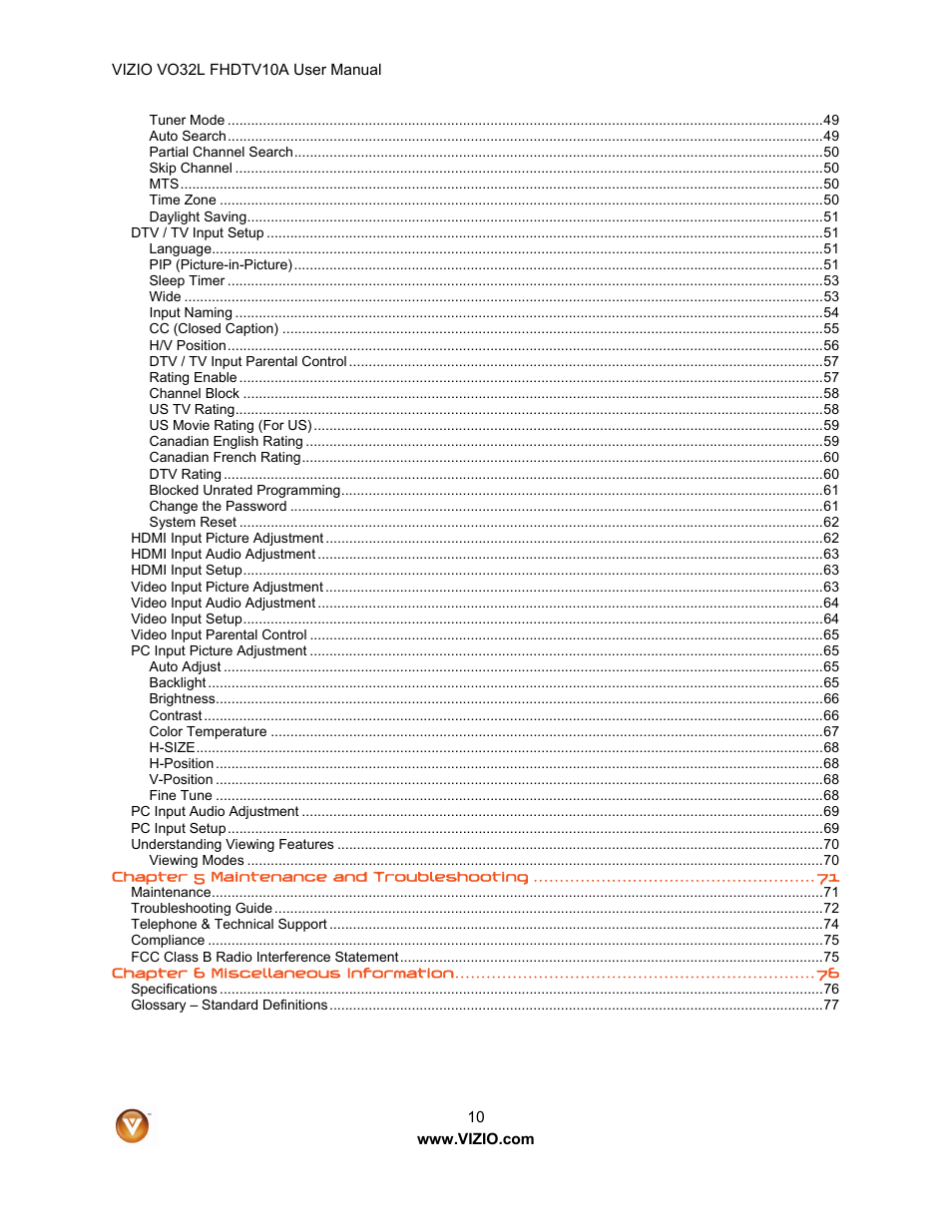 Vizio VO32L User Manual | Page 10 / 82