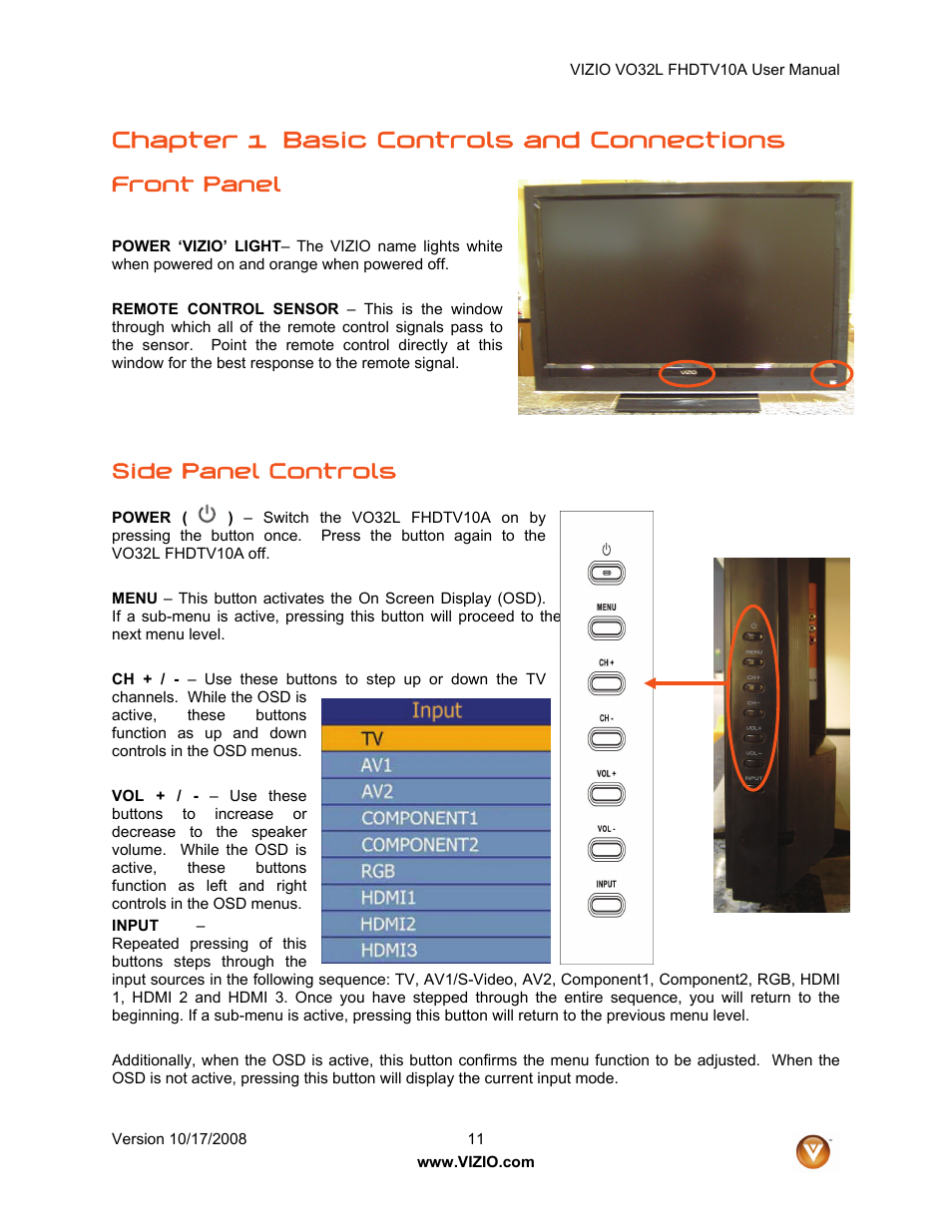 Chapter 1 basic controls and connections, Front panel, Side panel controls | Vizio VO32L User Manual | Page 11 / 82