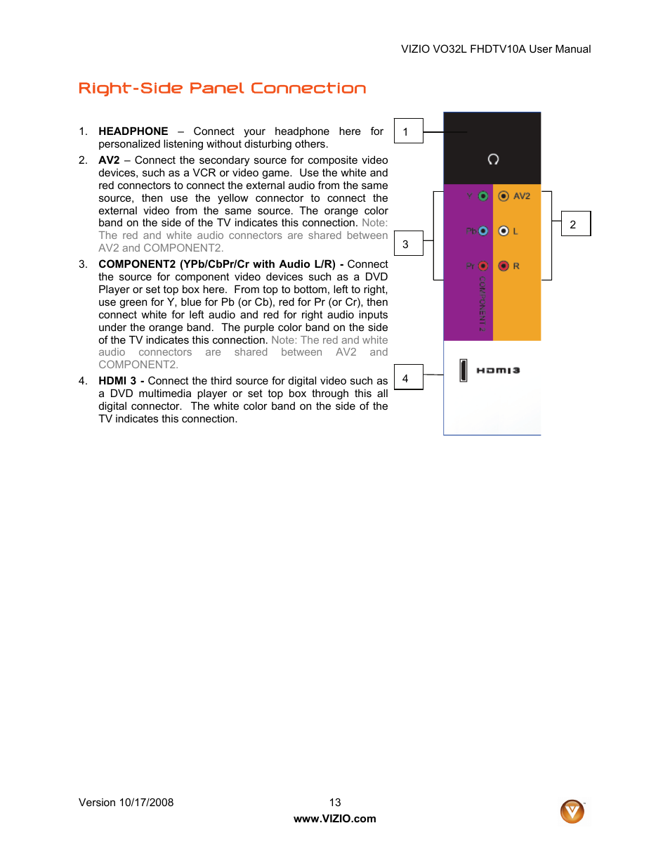 Right-side panel connection | Vizio VO32L User Manual | Page 13 / 82