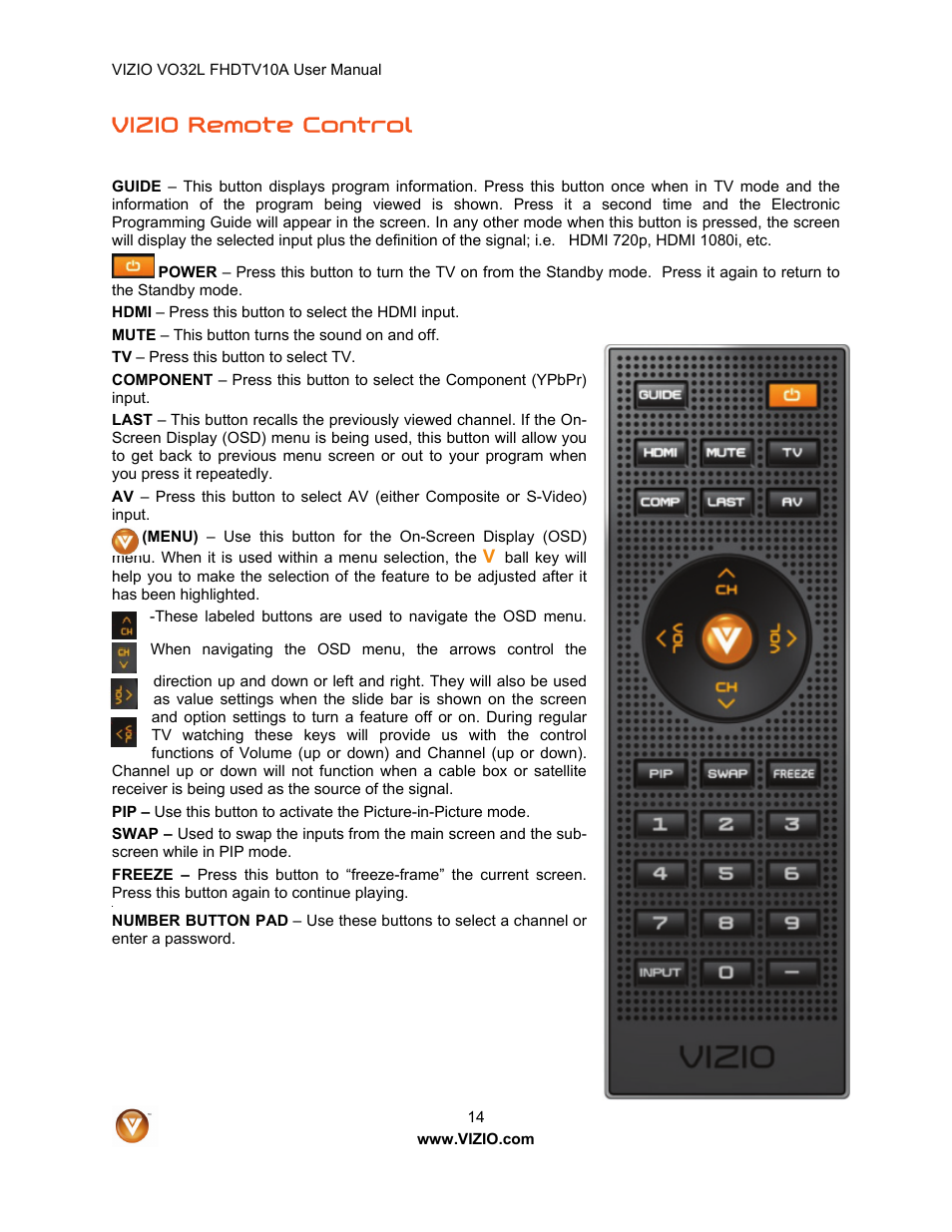 Vizio remote control | Vizio VO32L User Manual | Page 14 / 82