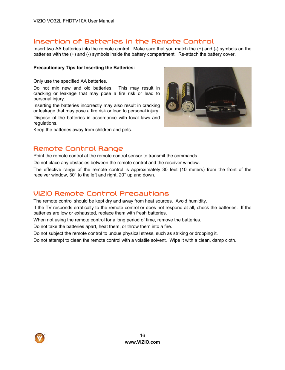 Insertion of batteries in the remote control, Remote control range, Vizio remote control precautions | Vizio VO32L User Manual | Page 16 / 82