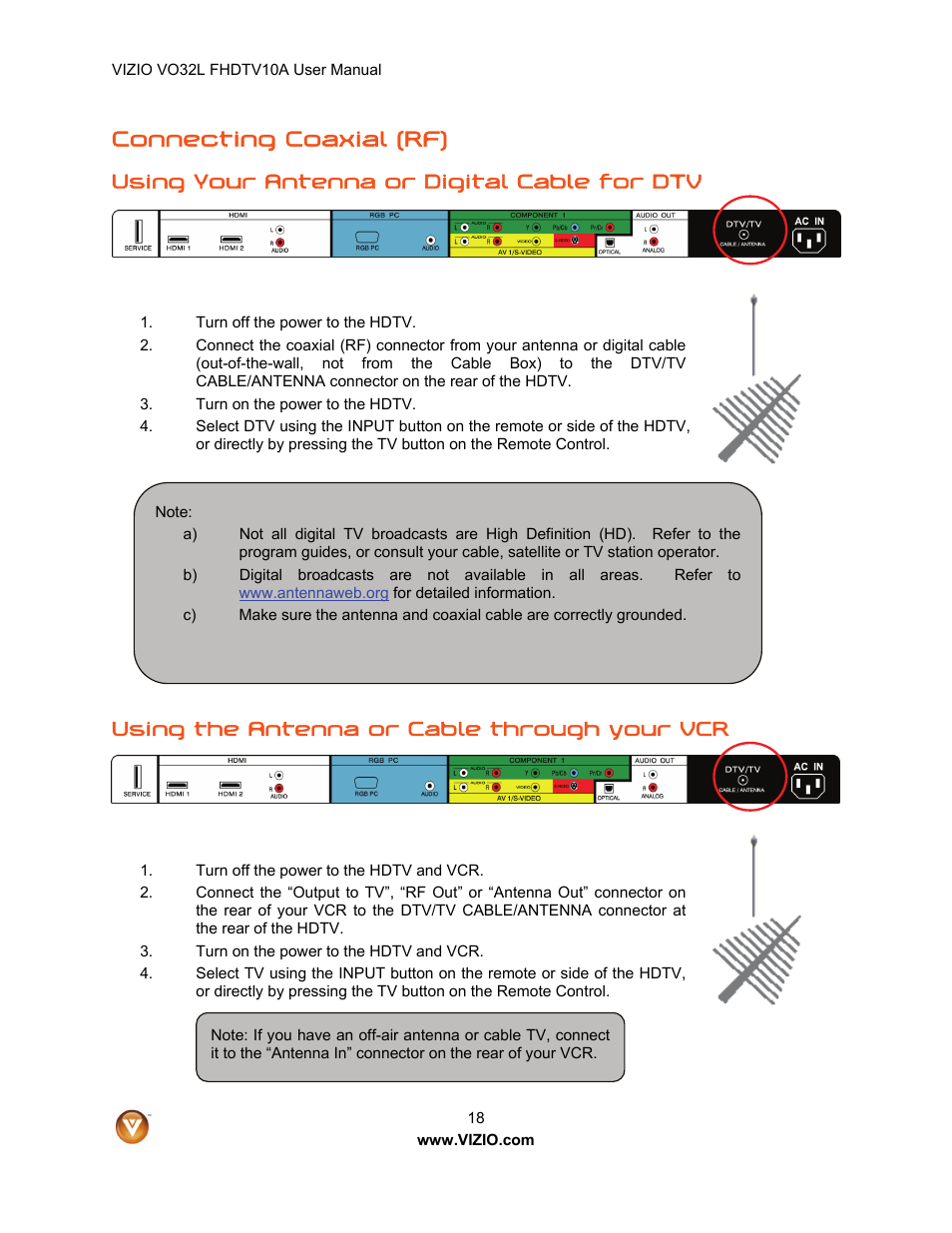 Connecting coaxial (rf), Using your antenna or digital cable for dtv, Using the antenna or cable through your vcr | Vizio VO32L User Manual | Page 18 / 82