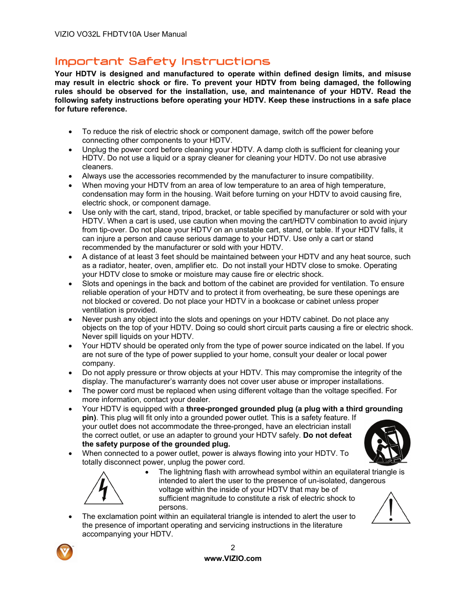 Important safety instructions | Vizio VO32L User Manual | Page 2 / 82