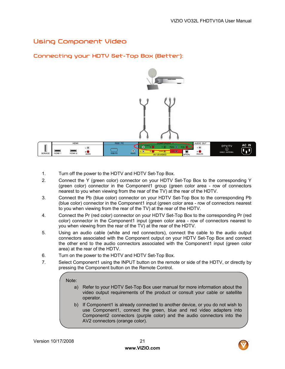 Using component video | Vizio VO32L User Manual | Page 21 / 82