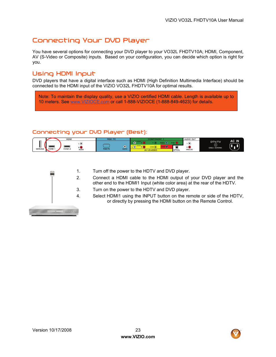 Connecting your dvd player, Using hdmi input | Vizio VO32L User Manual | Page 23 / 82