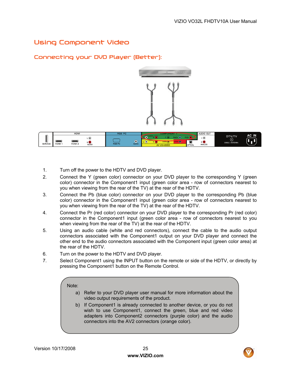 Using component video | Vizio VO32L User Manual | Page 25 / 82