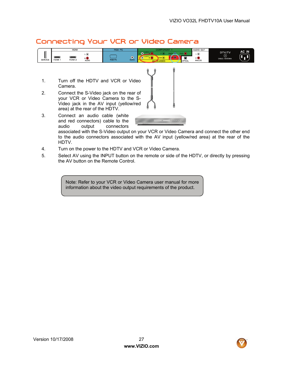 Connecting your vcr or video camera | Vizio VO32L User Manual | Page 27 / 82