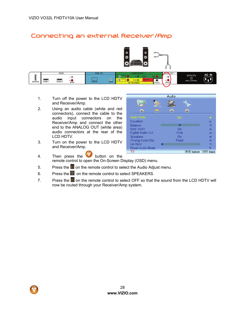 Connecting an external receiver/amp | Vizio VO32L User Manual | Page 28 / 82