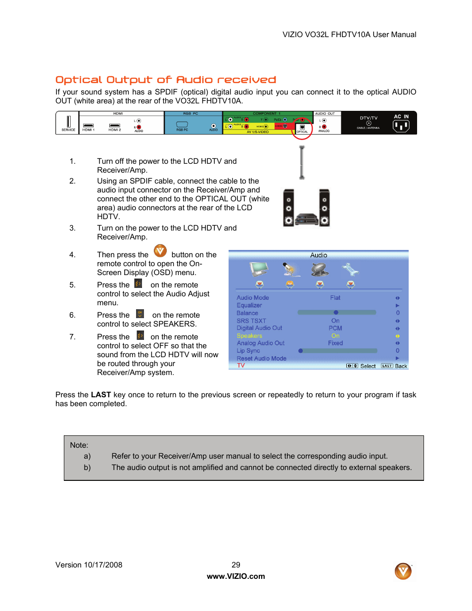 Optical output of audio received | Vizio VO32L User Manual | Page 29 / 82