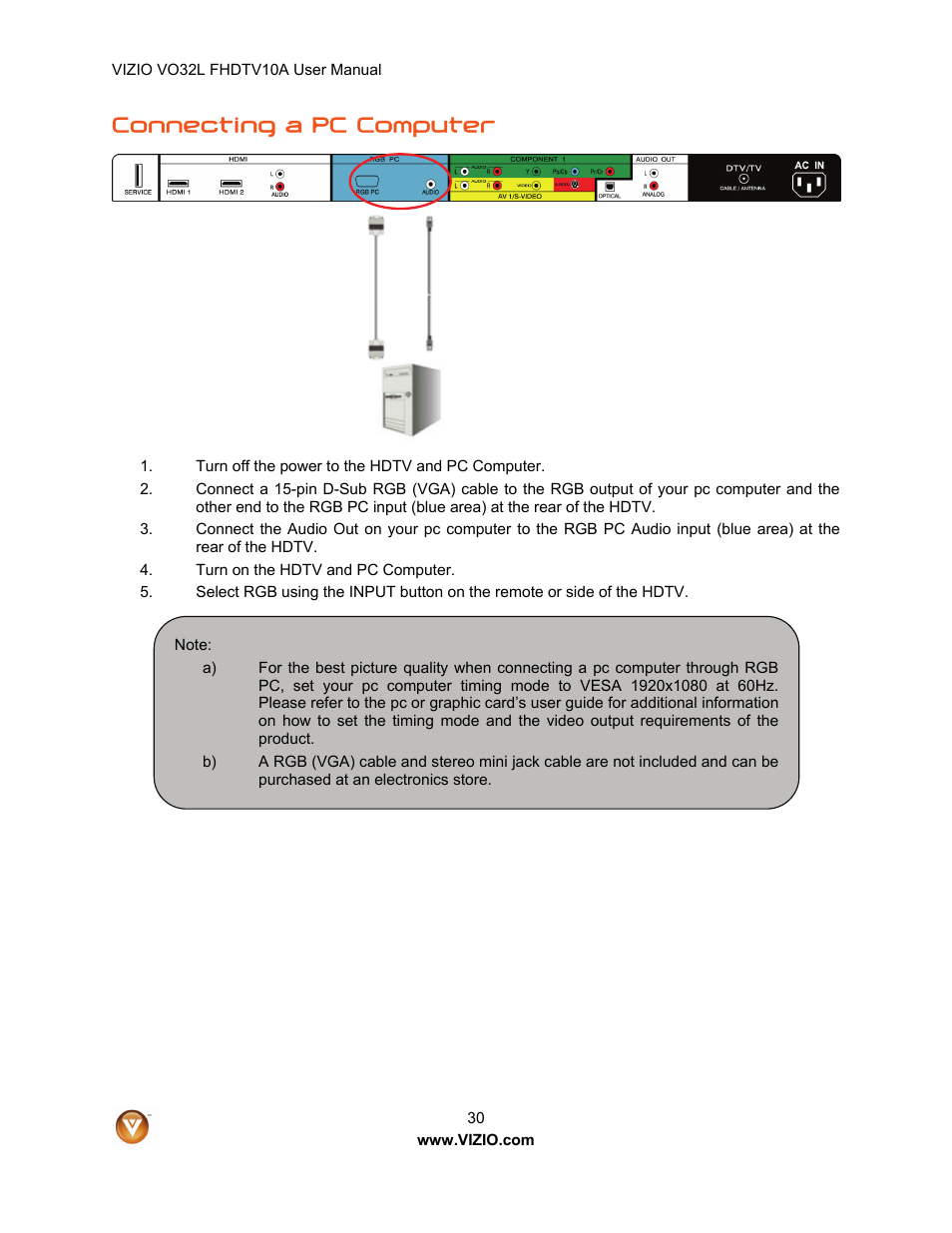 Connecting a pc computer | Vizio VO32L User Manual | Page 30 / 82