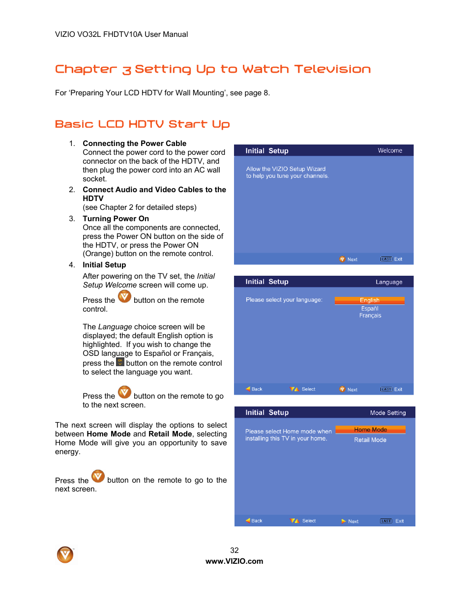 Chapter 3 setting up to watch television, Basic lcd hdtv start up | Vizio VO32L User Manual | Page 32 / 82