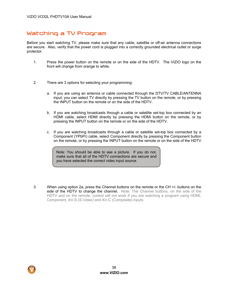 Watching a tv program | Vizio VO32L User Manual | Page 38 / 82