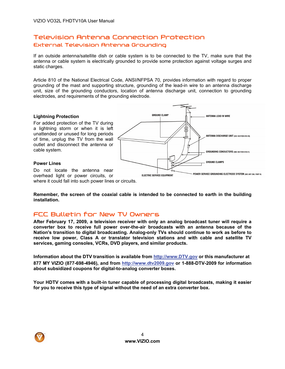 Television antenna connection protection, Fcc bulletin for new tv owners | Vizio VO32L User Manual | Page 4 / 82