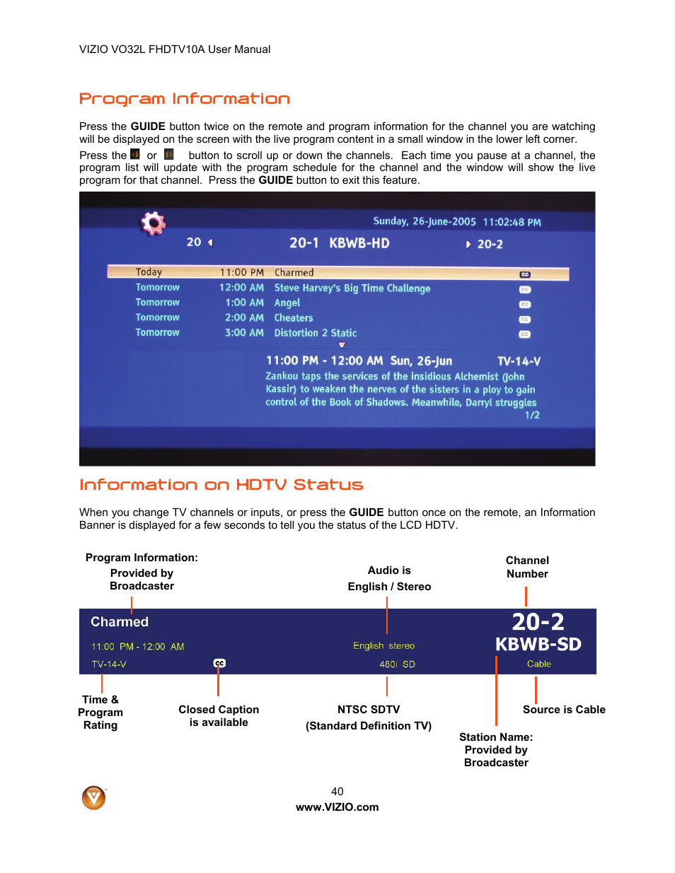 Program information, Information on hdtv status | Vizio VO32L User Manual | Page 40 / 82