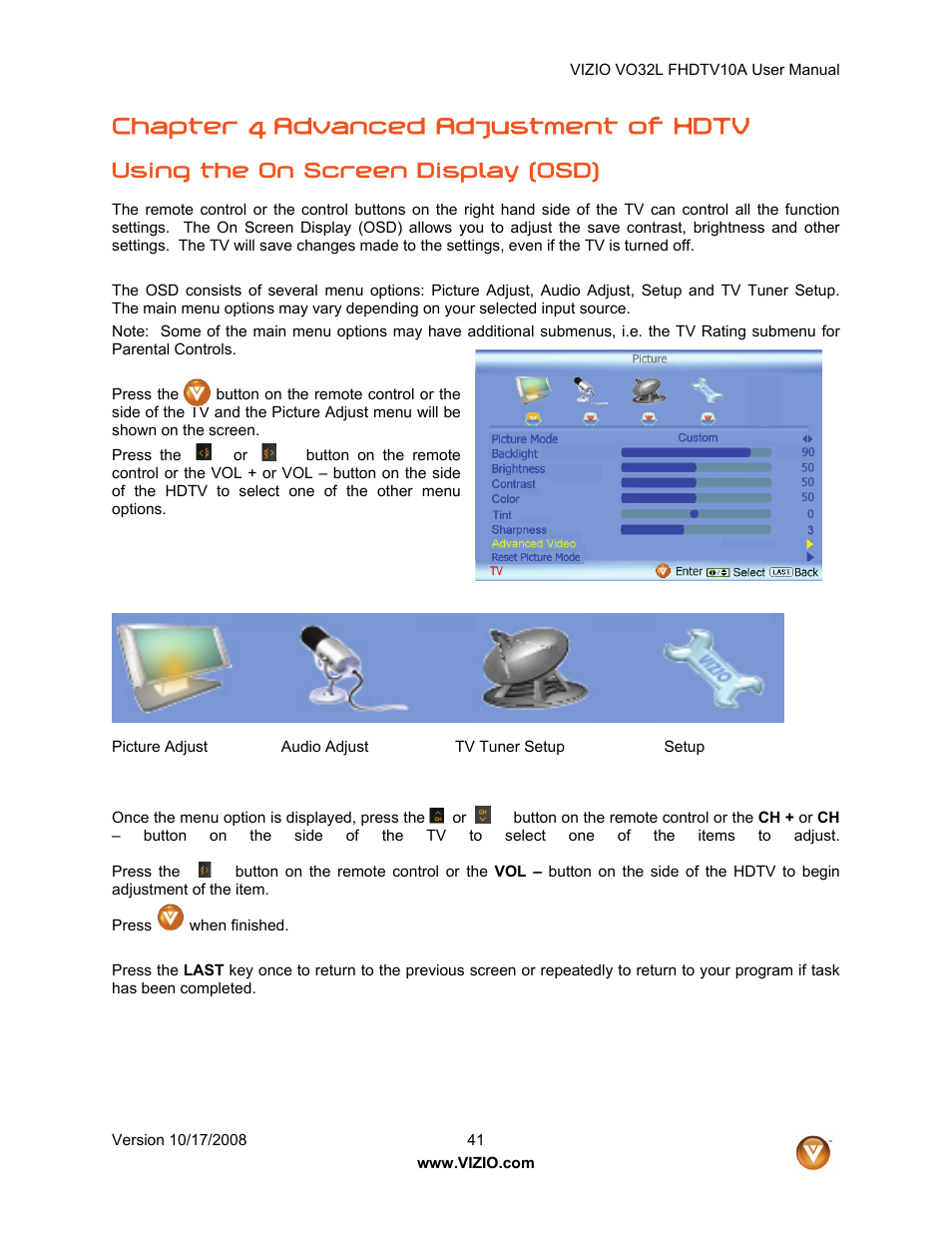 Chapter 4 advanced adjustment of hdtv, Using the on screen display (osd) | Vizio VO32L User Manual | Page 41 / 82