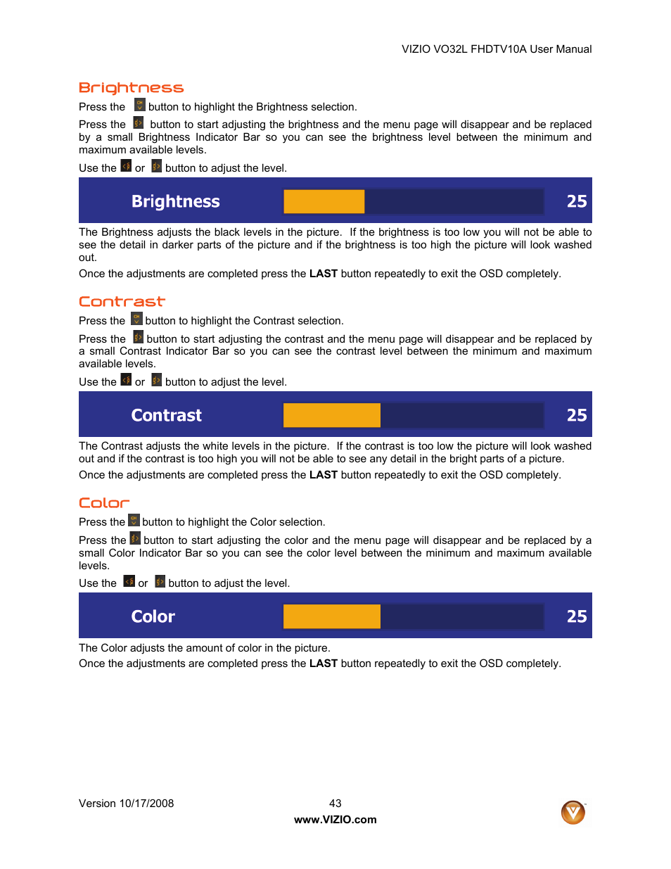 Brightness, Contrast, Color | Vizio VO32L User Manual | Page 43 / 82