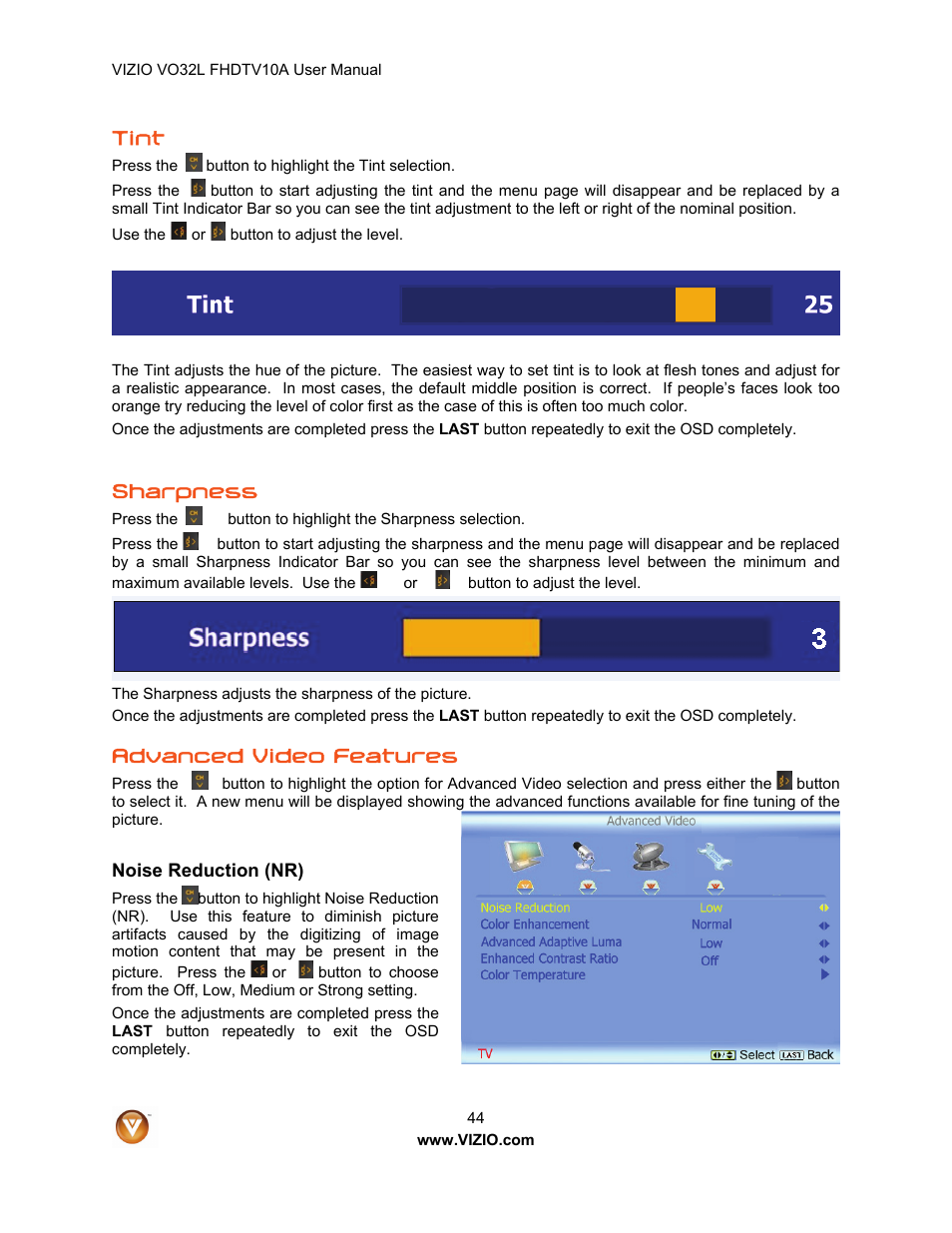 Tint, Sharpness, Advanced video features | Vizio VO32L User Manual | Page 44 / 82