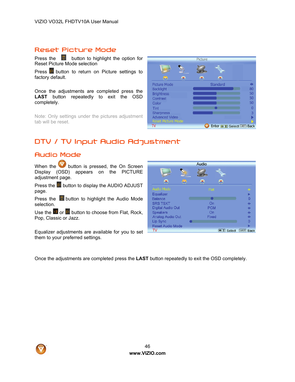 Dtv / tv input audio adjustment, Reset picture mode, Audio mode | Vizio VO32L User Manual | Page 46 / 82