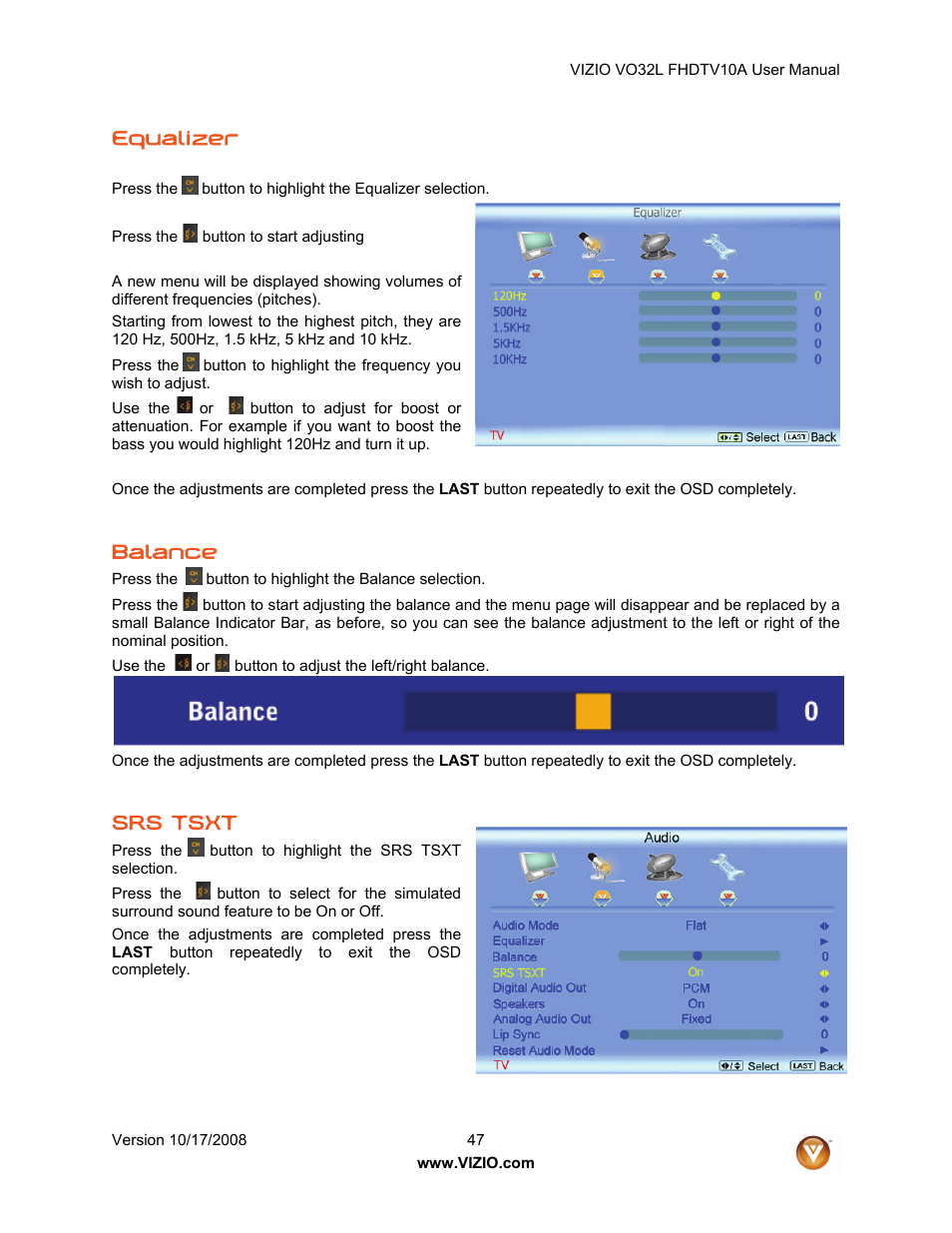 Equalizer, Balance, Srs tsxt | Vizio VO32L User Manual | Page 47 / 82