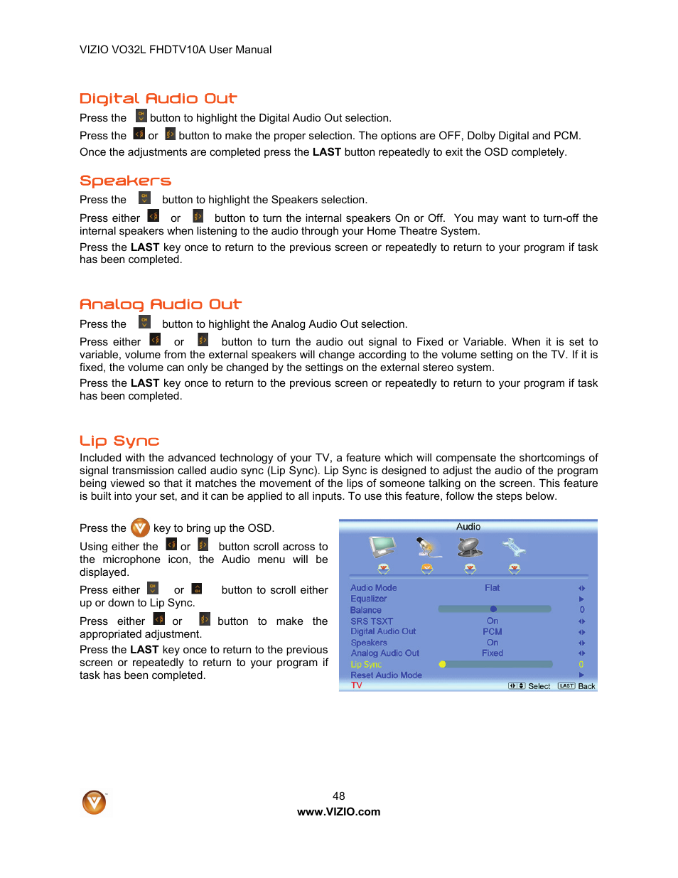 Digital audio out, Speakers, Analog audio out | Lip sync | Vizio VO32L User Manual | Page 48 / 82