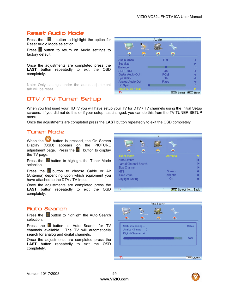 Dtv / tv tuner setup, Reset audio mode, Tuner mode | Auto search | Vizio VO32L User Manual | Page 49 / 82