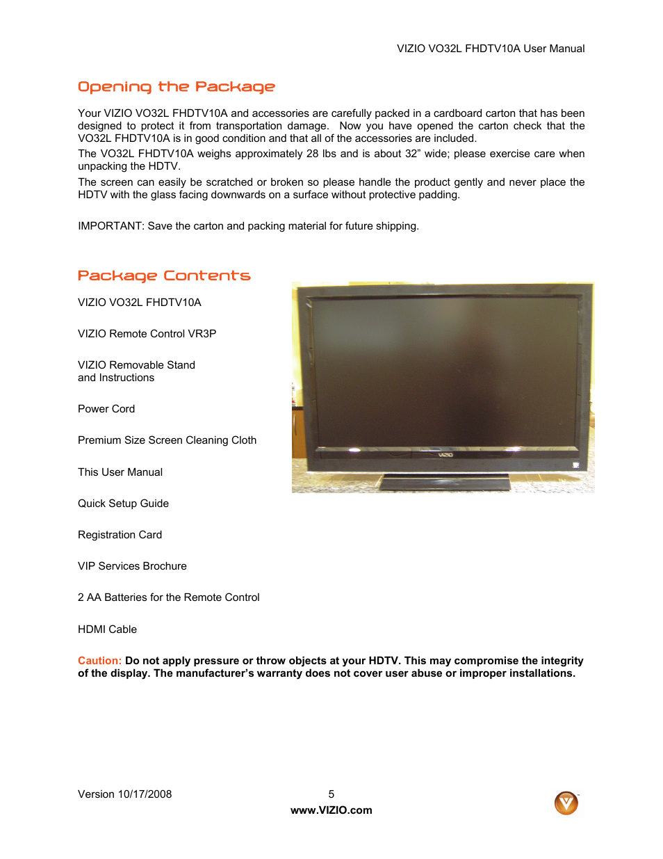 Opening the package, Package contents | Vizio VO32L User Manual | Page 5 / 82