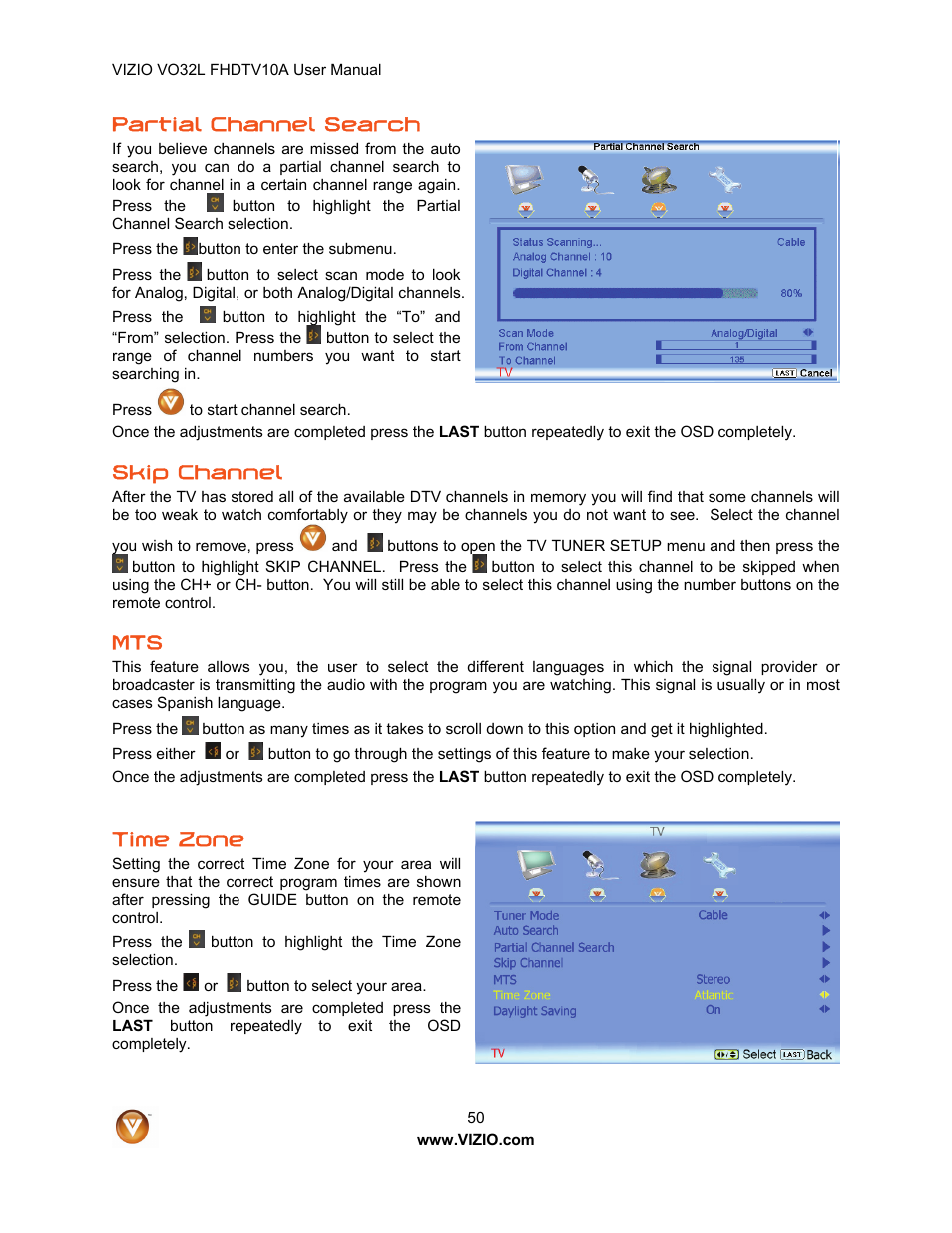 Partial channel search, Skip channel, Time zone | Vizio VO32L User Manual | Page 50 / 82