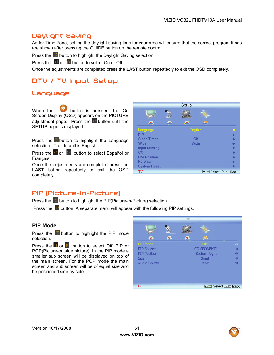 Dtv / tv input setup, Daylight saving, Language | Pip (picture-in-picture) | Vizio VO32L User Manual | Page 51 / 82