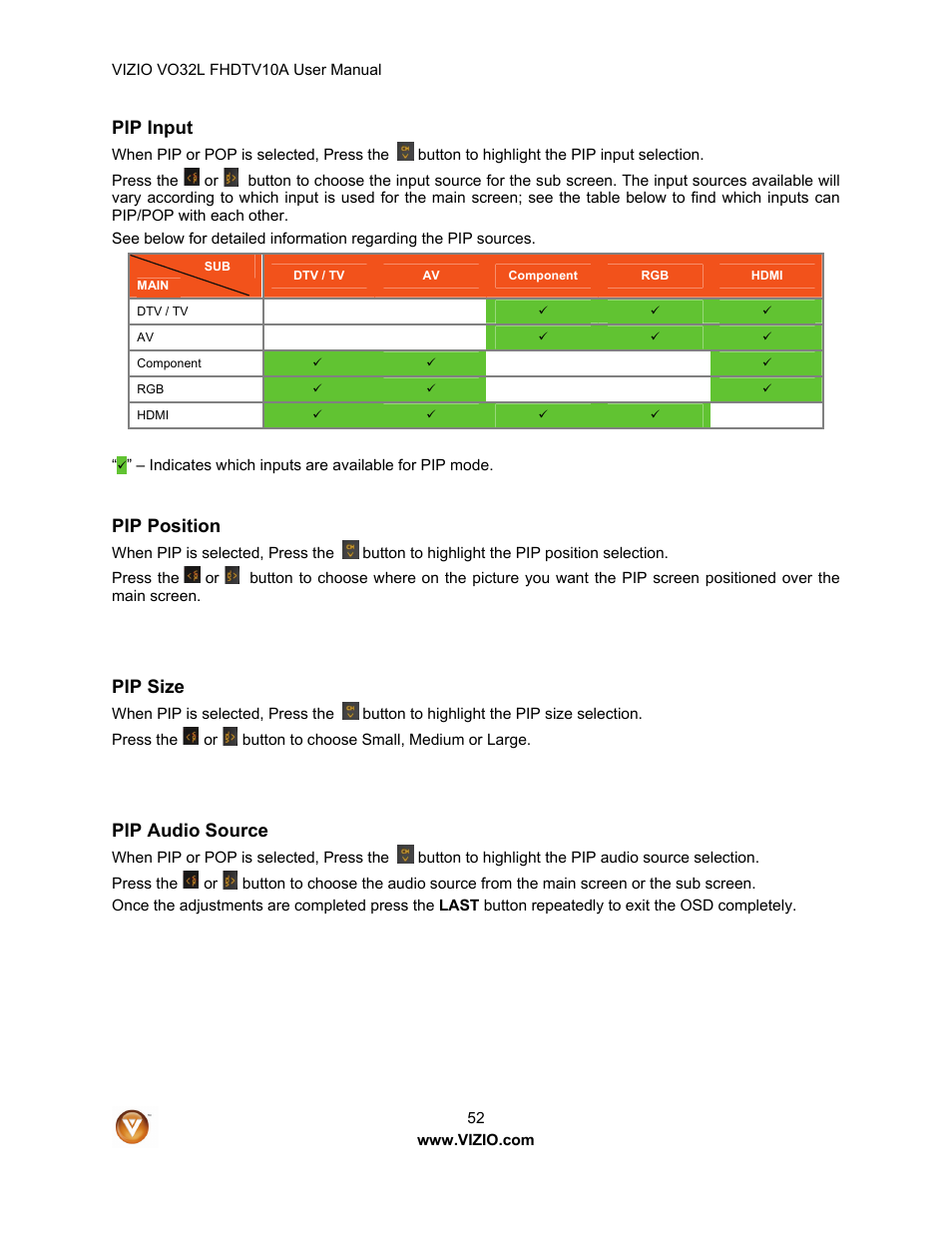 Pip input, Pip position, Pip size | Pip audio source | Vizio VO32L User Manual | Page 52 / 82