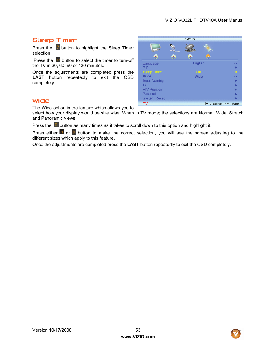 Sleep timer, Wide | Vizio VO32L User Manual | Page 53 / 82