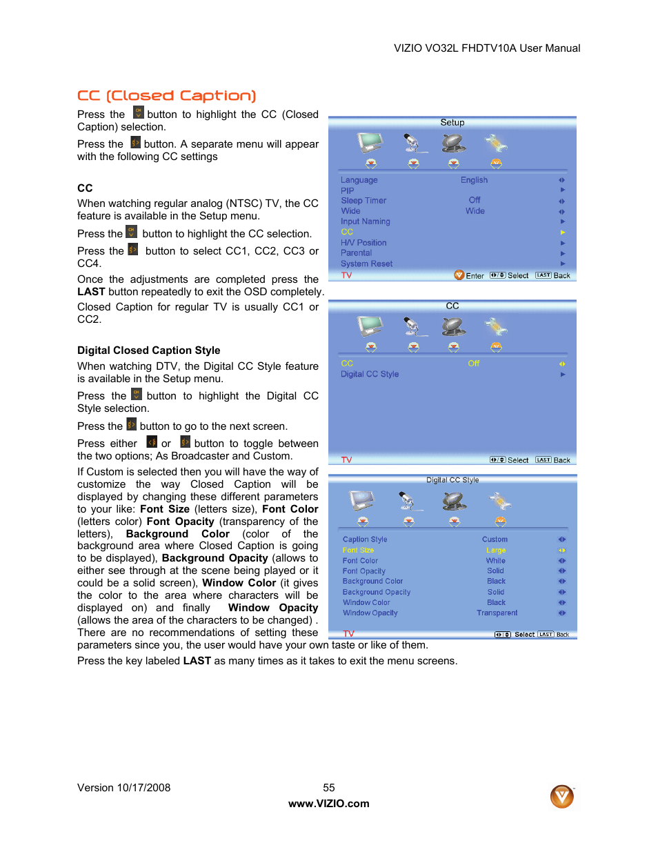 Cc (closed caption) | Vizio VO32L User Manual | Page 55 / 82