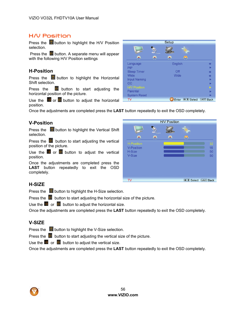 H/v position | Vizio VO32L User Manual | Page 56 / 82