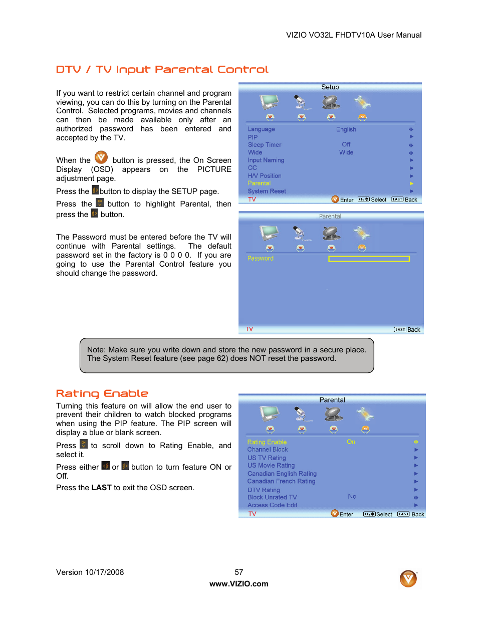 Dtv / tv input parental control, Rating enable | Vizio VO32L User Manual | Page 57 / 82