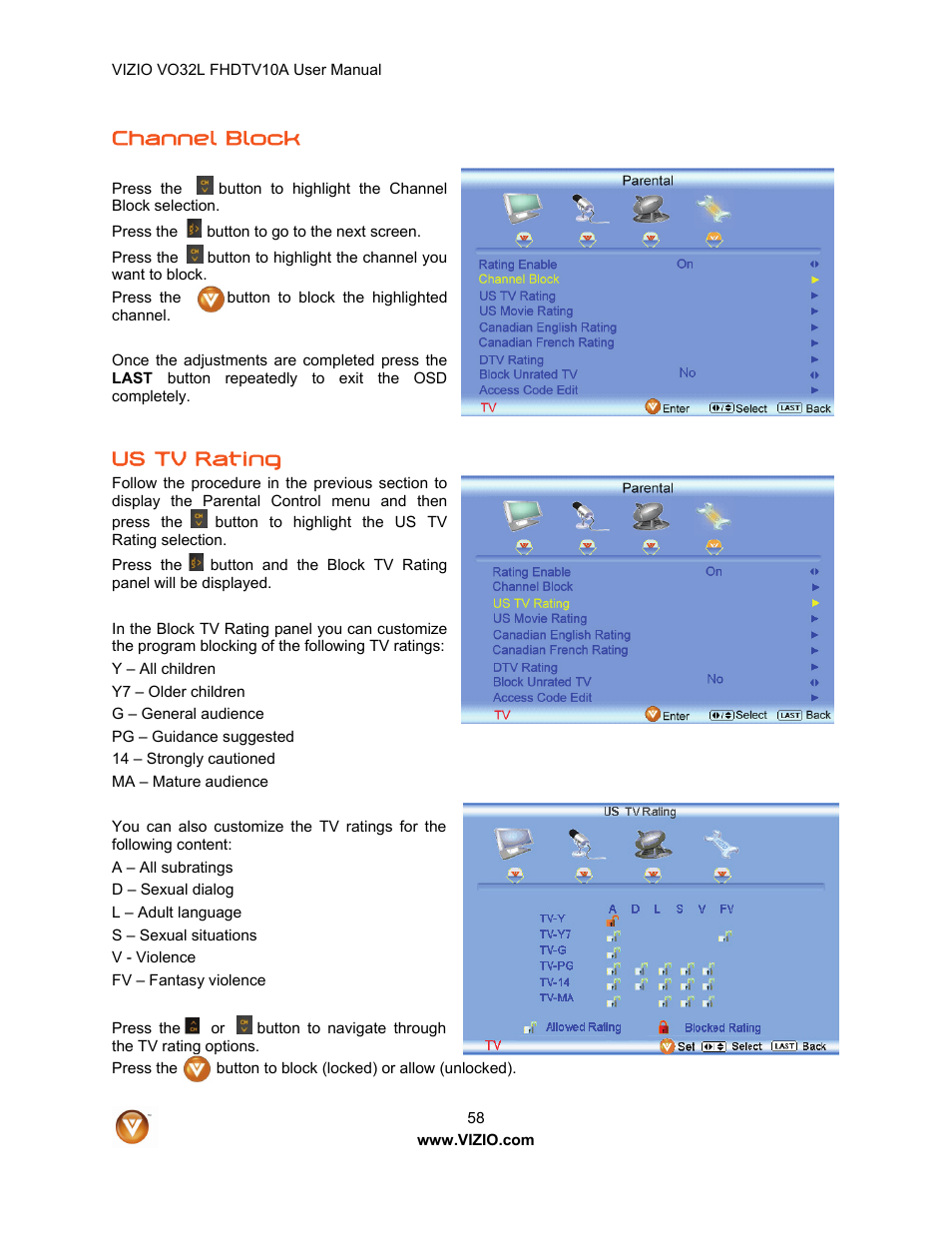 Channel block, Us tv rating | Vizio VO32L User Manual | Page 58 / 82