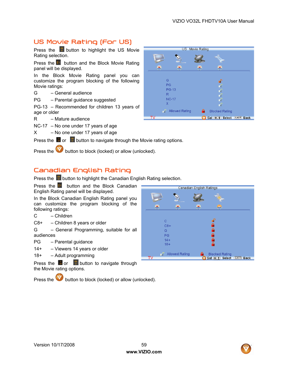 Us movie rating (for us), Canadian english rating | Vizio VO32L User Manual | Page 59 / 82