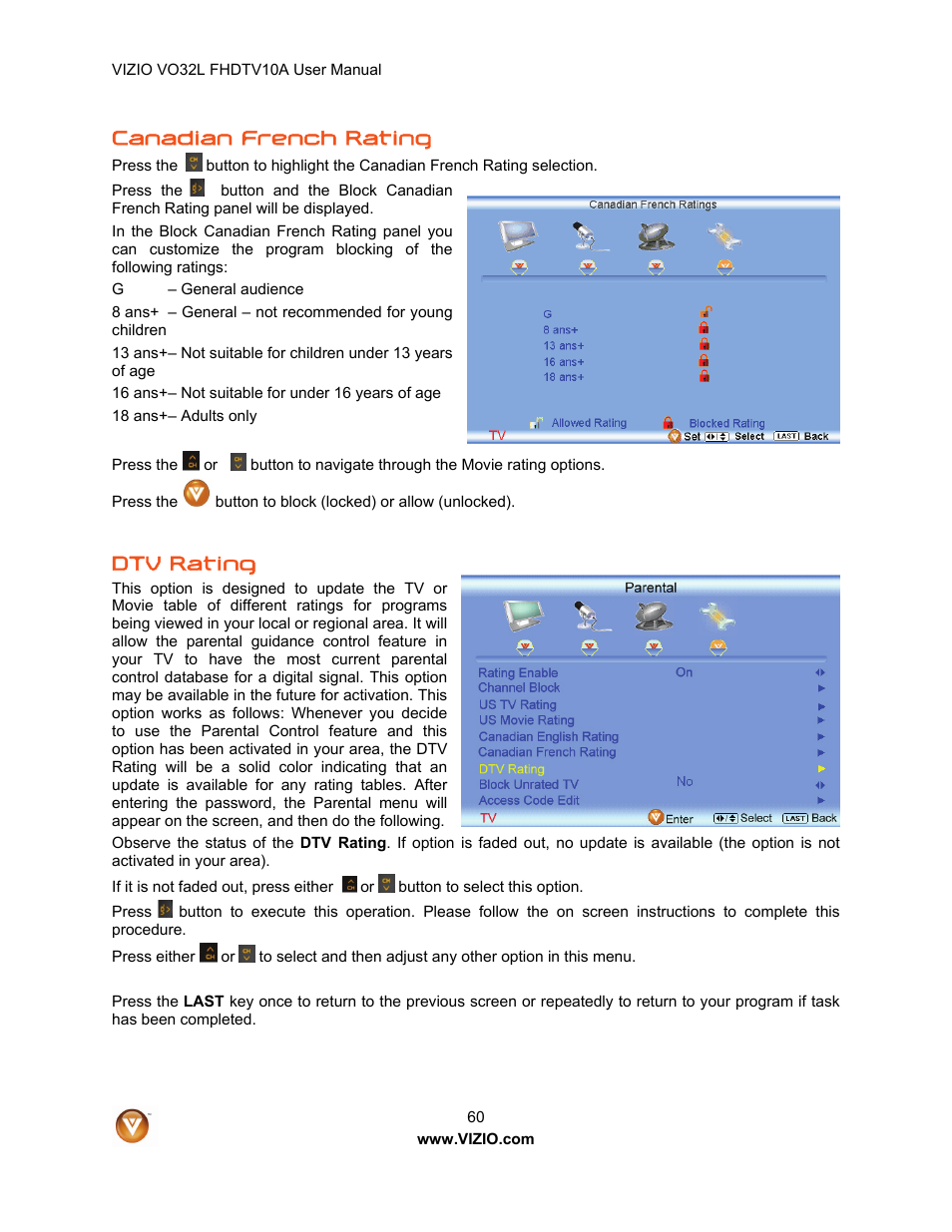 Canadian french rating, Dtv rating | Vizio VO32L User Manual | Page 60 / 82