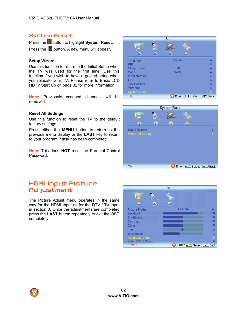 Hdmi input picture adjustment | Vizio VO32L User Manual | Page 62 / 82