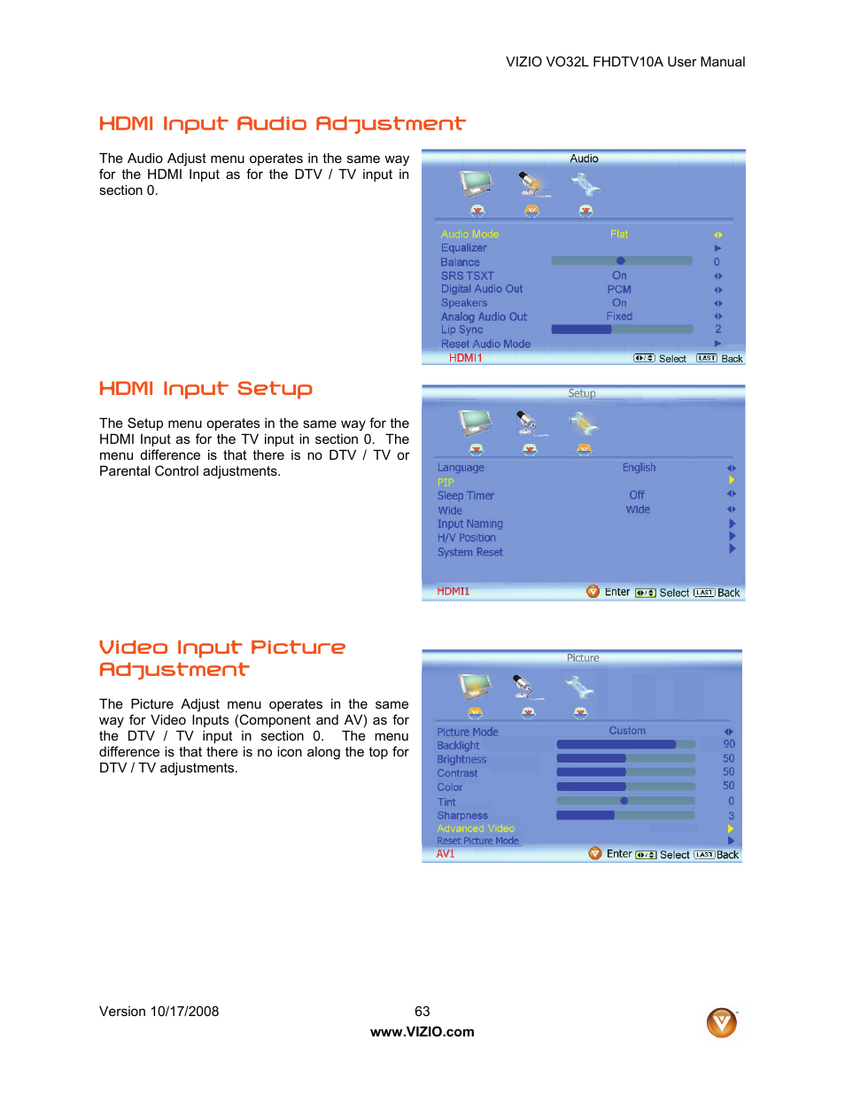 Hdmi input audio adjustment, Hdmi input setup, Video input picture adjustment | Vizio VO32L User Manual | Page 63 / 82