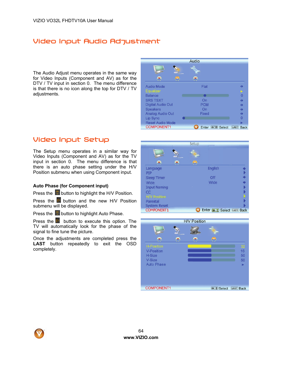 Video input audio adjustment, Video input setup | Vizio VO32L User Manual | Page 64 / 82