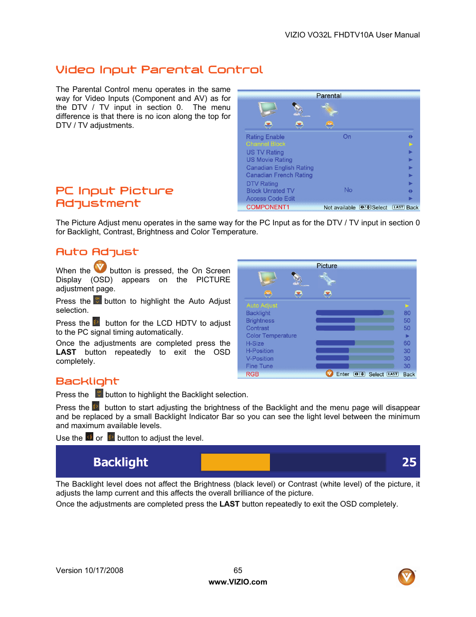 Video input parental control, Pc input picture adjustment, Auto adjust | Backlight | Vizio VO32L User Manual | Page 65 / 82