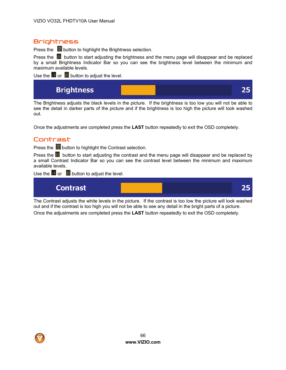 Brightness, Contrast | Vizio VO32L User Manual | Page 66 / 82