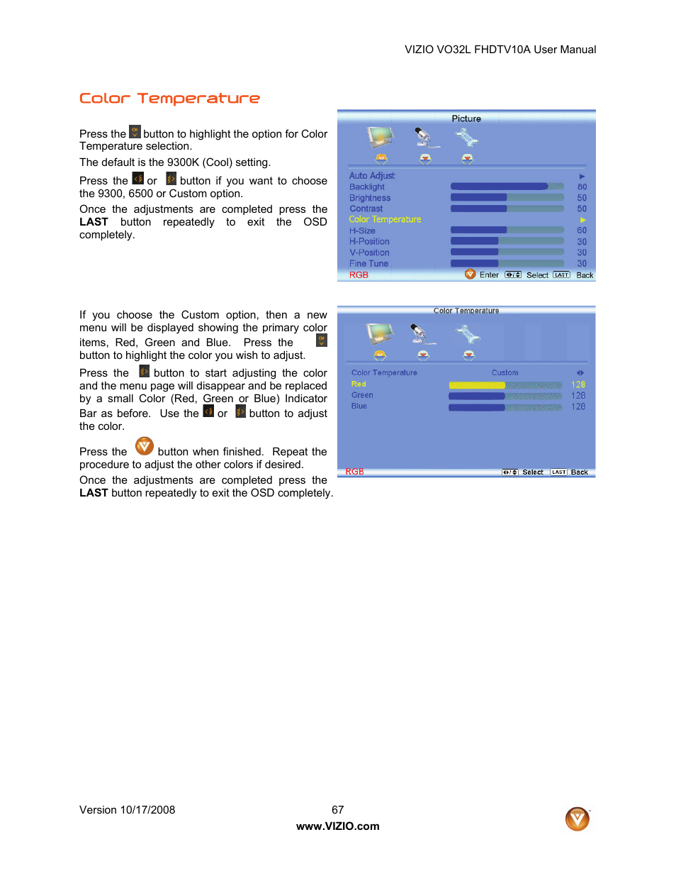 Color temperature | Vizio VO32L User Manual | Page 67 / 82
