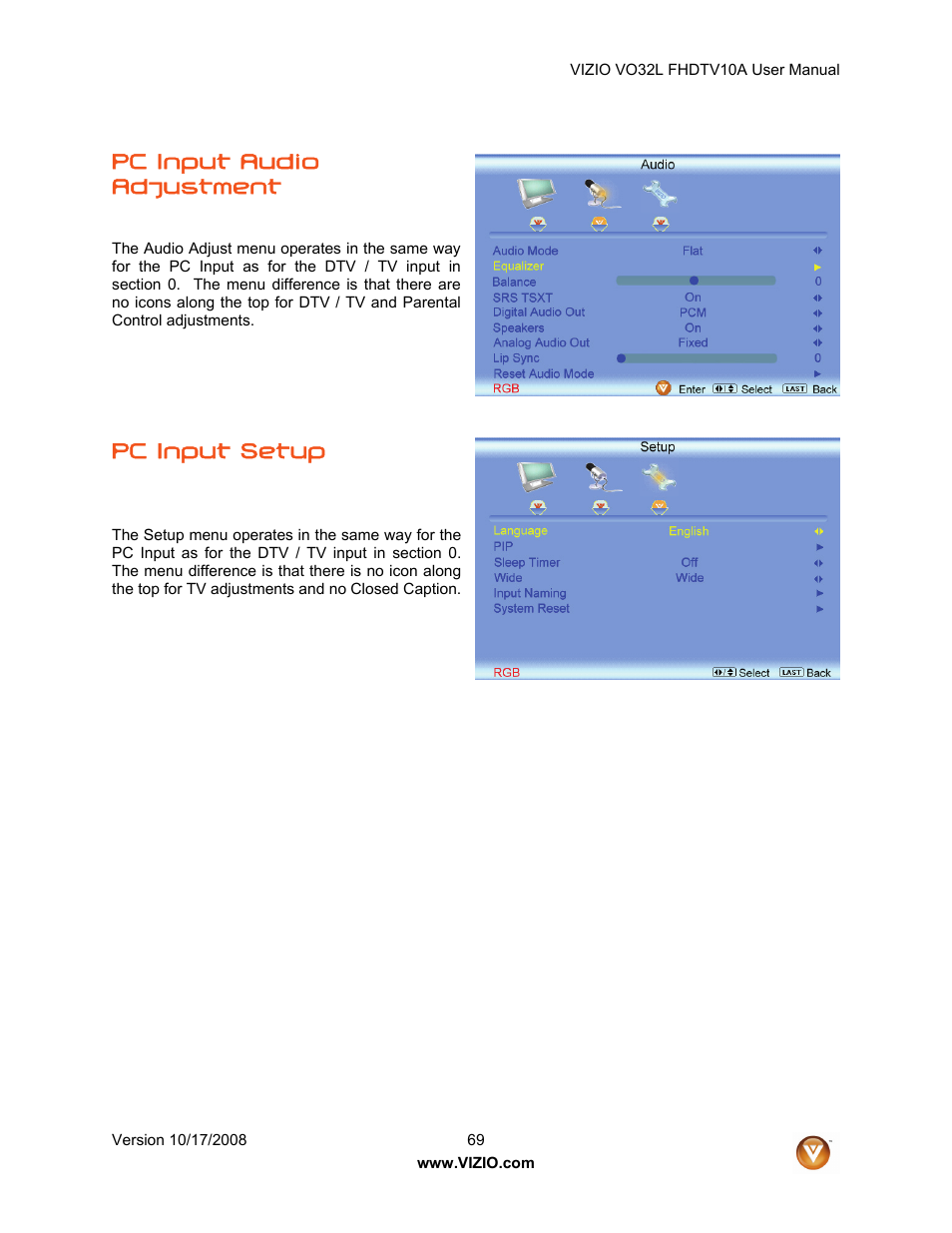 Pc input audio adjustment, Pc input setup | Vizio VO32L User Manual | Page 69 / 82