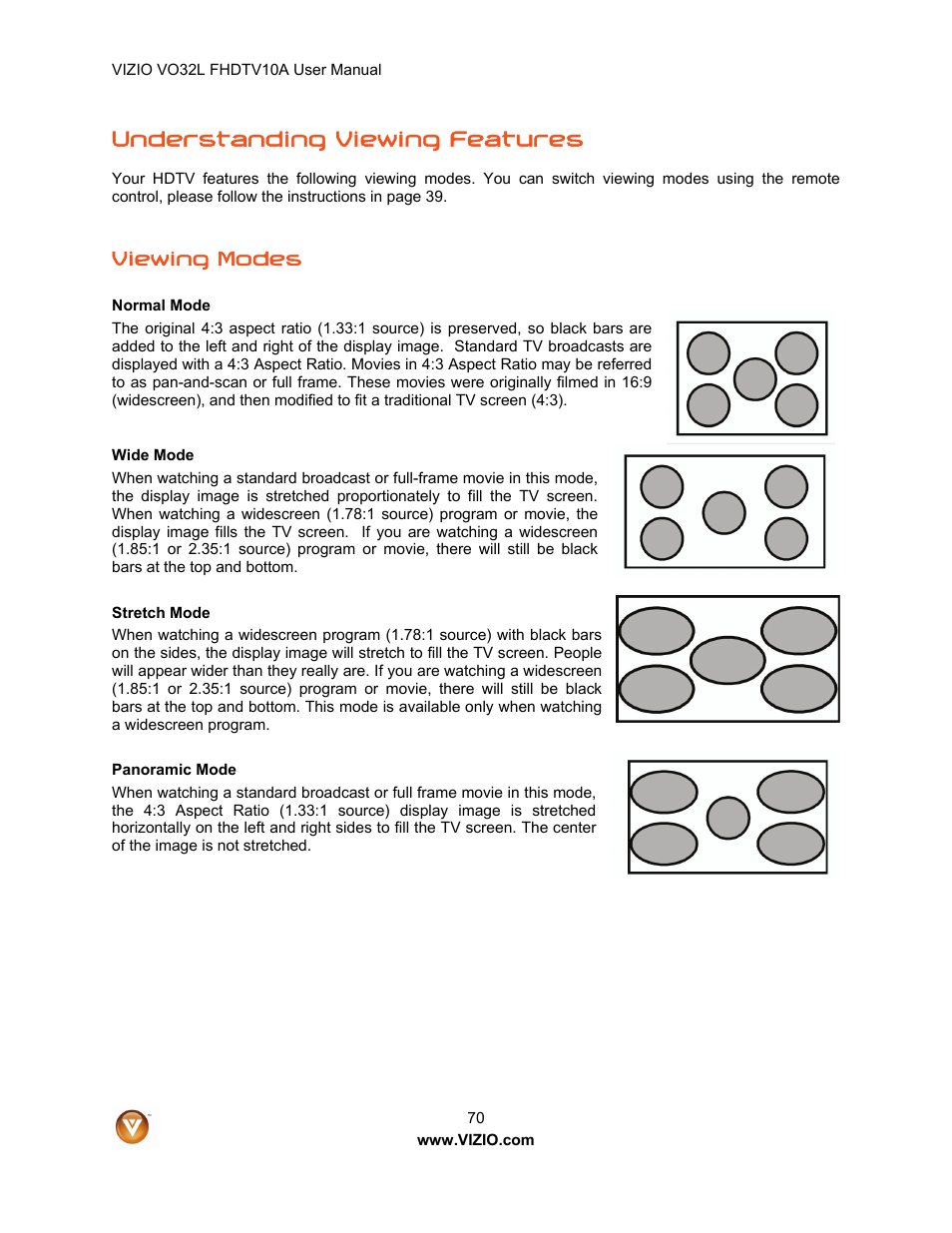 Understanding viewing features, Viewing modes | Vizio VO32L User Manual | Page 70 / 82